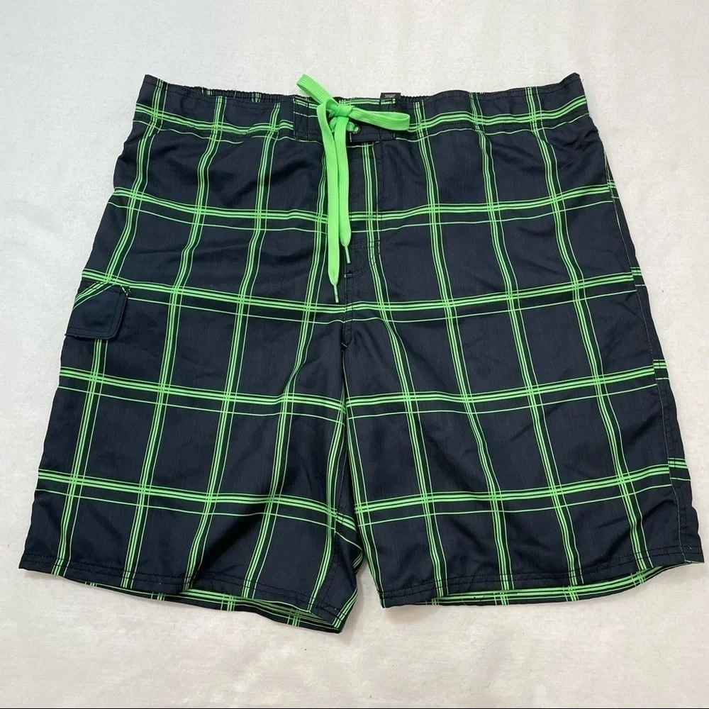 OP lined swim trunks black & green plaid side pocket flat front elastic back XL